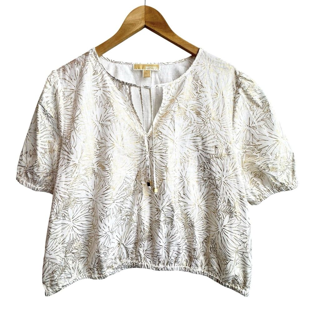 Michael Kors Womens Short Sleeve Tassels Banded Bottom Top White/Gold Size XL